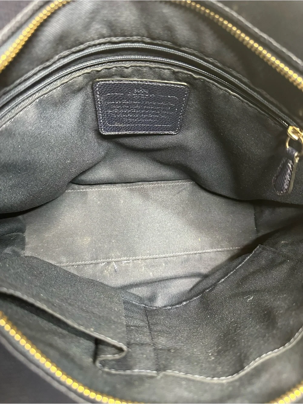 Coach Navy Pebbled Leather Tote with Tag and Gold Accent